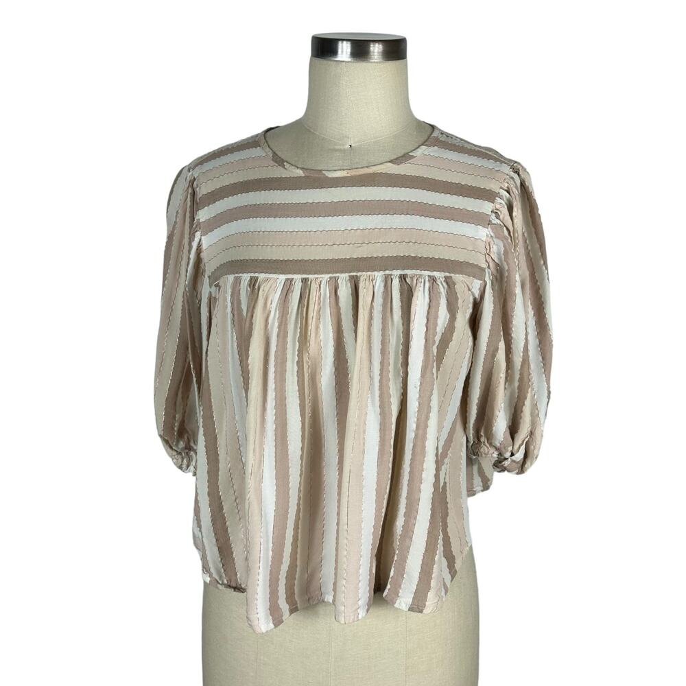SELF CONTRAST Julia 3/4 Puff Sleeves Top Cropped Striped‎ Neutral Women's Size M